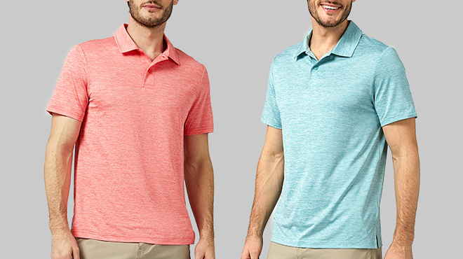 Two Men Wearing 32 Degrees Mens Ultra Sonic Polo in Coral Space Dye on the Left and Green Wave Space Dye on the Right