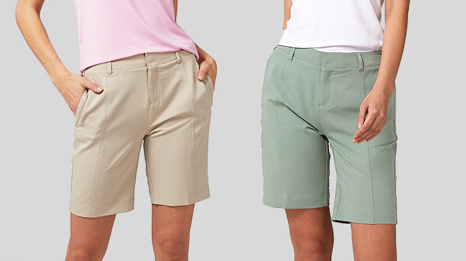 Two Women Wearing 32 Degrees Womens Shorts in Pure Cashmere on the Left and Robin Slate on the Right Two Women Wearing 32 Degrees Womens Shorts in Pure Cashmere on the Left and Robin Slate on the Right
