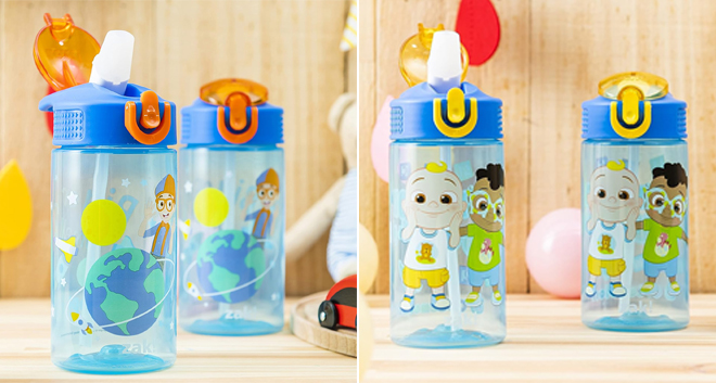 Two Zak Designs Blippi and CoComelon Kids Water Bottles with Spout Cover and Built in Carrying Loop