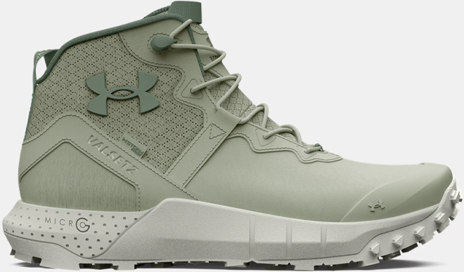 Under Armour Mens Micro G Valsetz Trek Mid Leather Waterproof Tactical Boots on a Gray Background