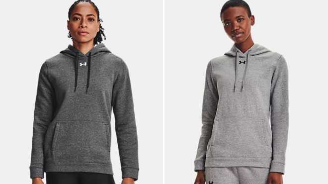 Under Armour Womens Hustle Fleece Hoodies in Carbon Heather and True Gray Heather
