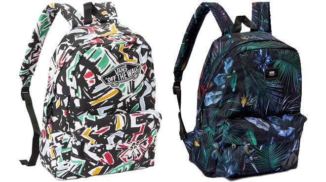 VANS Abstract Letters Backpack on the Left and VANS Palm Branch Backpack on the Right
