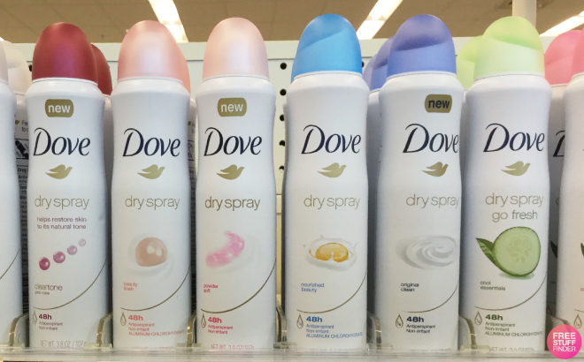 Various Dove Dry Spray Deodorant on Rack