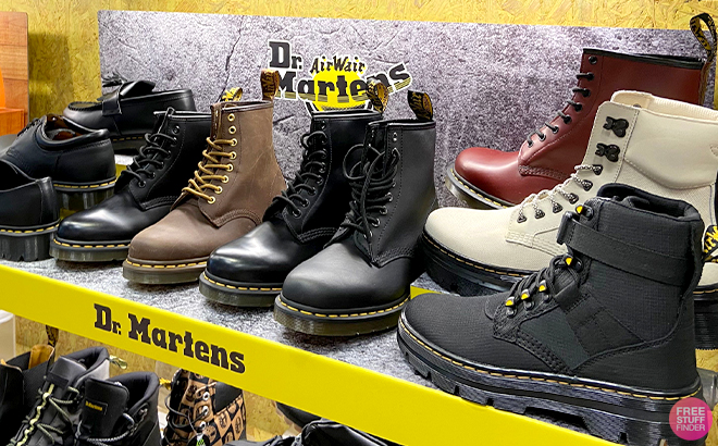 Various Styles of Dr Martens Boots and Shoes on a Shelf