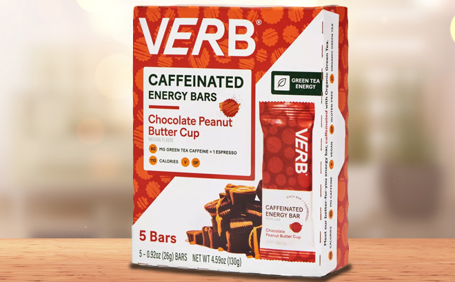 Verb Caffeinated Energy Bars 5 Count on a Wooden Table