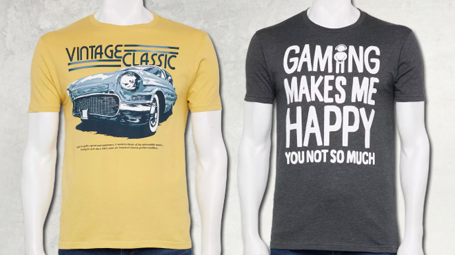 Vintage Classic Car Mens Graphic Tee on the left and Gaming Makes Me Happy Mens Graphic Tee on the right