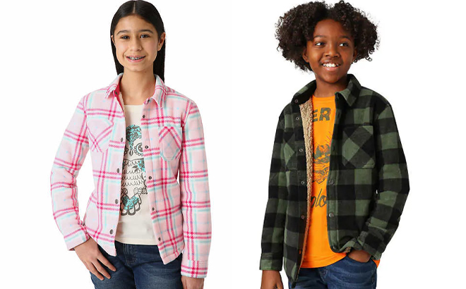 Two Children Wearing a Weatherproof Vintage Kids' Shirt Jacket and Tee