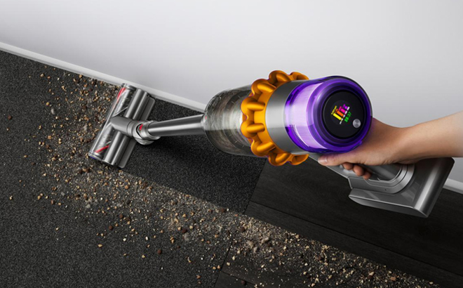 Woman Cleaning Debris with the Dyson V15 Detect Cordless Vacuum Woman Cleaning Debris with the Dyson V15 Detect Cordless Vacuum