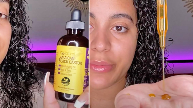 Woman Holding a Bottle of IQ Natural Jamaican Black Castor Oil