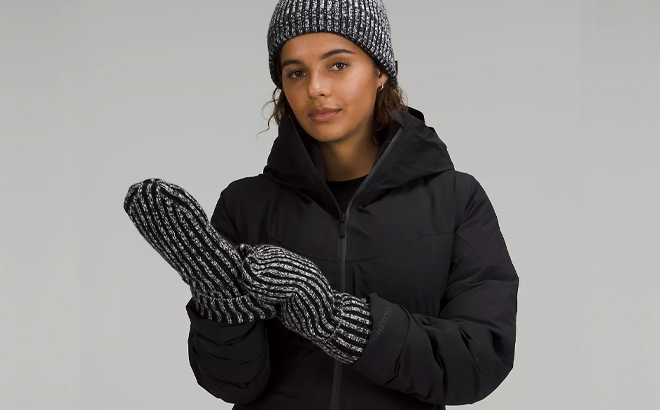 Woman Wearing Lululemon Textured Fleece Lined Knit Cozy Set