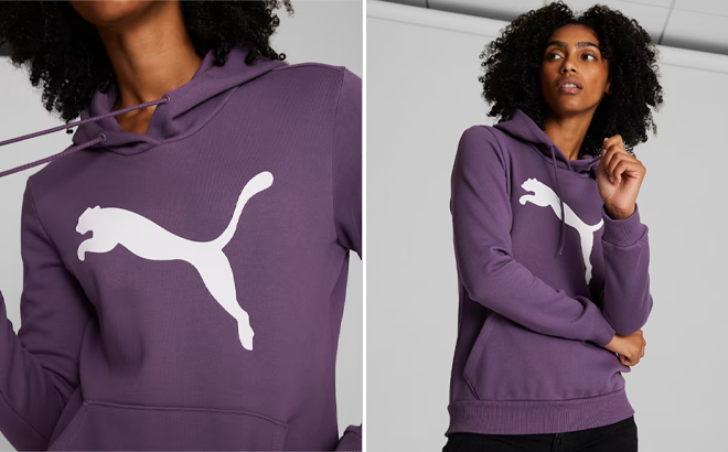 Woman Wearing Puma Big Cat Logo Hoodie in Purple