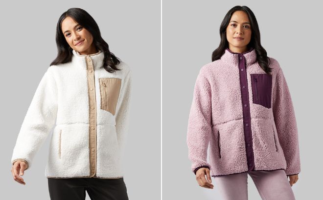 Woman is Wearing 32 Degrees Womens Cozy Sherpa Snap Jacket in Two Colors
