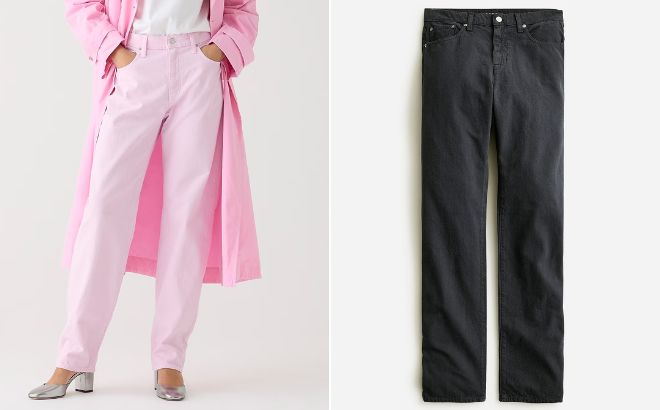 Woman is Wearing J Crew Garment Dyed Slouchy Straight Jean in Picador Pink and Black Color