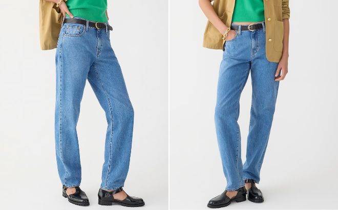 Woman is Wearing J Crew Slouchy Straight Dad Jean in Blue Reef Wash Color
