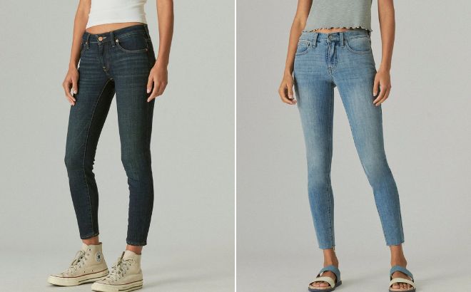 Woman is Wearing Lucky Brand Low Rise Lolita Skinny Jeans in Dark Blue Color on the Left Side and Lucky Brand Womens Ava Super Skinny Jeans in Medium Blue Color on the Right Side