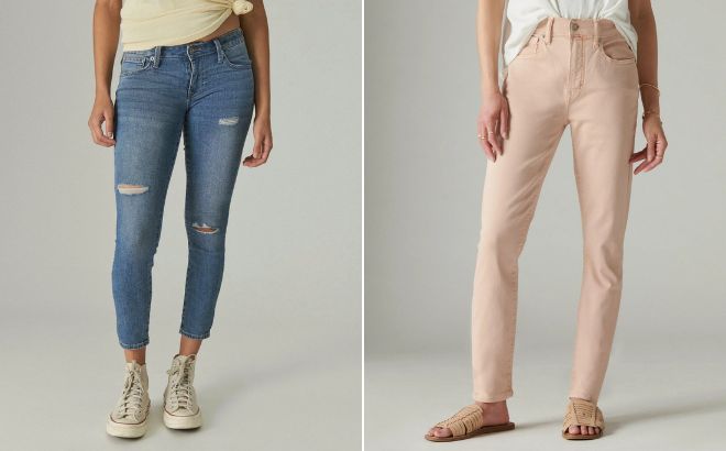 Woman is Wearing Lucky Brand Low Rise Lolita Skinny Jeans in Medium Blue Color on the Left Side and Lucky Brand Womens High Rise Bridgette Skinny Jeans in Light Pink Color on the Right Side