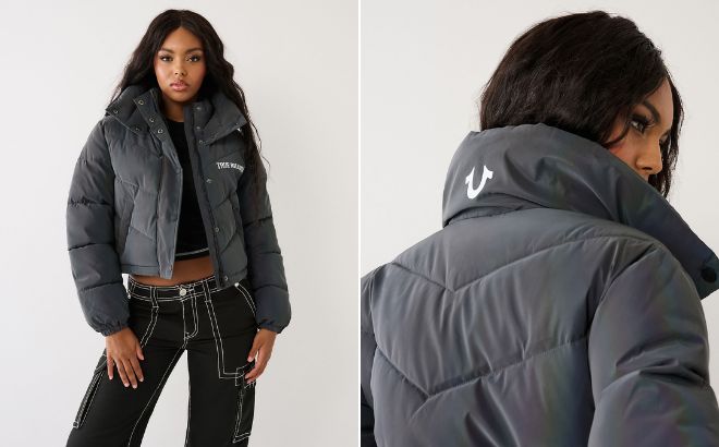 Woman is Wearing True Religion Reflective Crop Puffer Jacket in Reflective Black Color