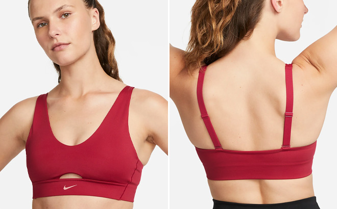 Women Wearing Nike Indy Plunge Cutout Sport Bra in Red