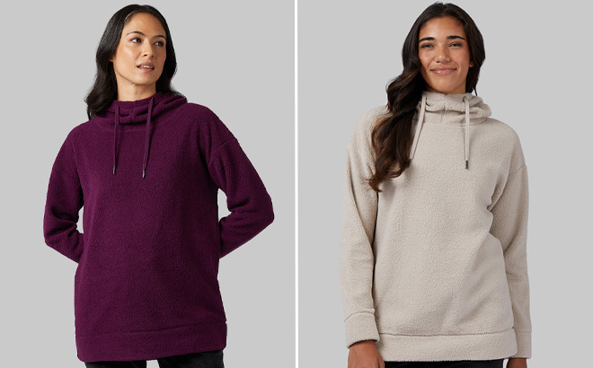 Women are Wearing 32 Degrees Womens Shorthair Sherpa Pullover Hoodie in Pickled Beet and Cobblestone Color
