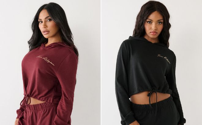 Women are Wearing True Religion Logo Crop Hoodie in Black and Burgundy Color
