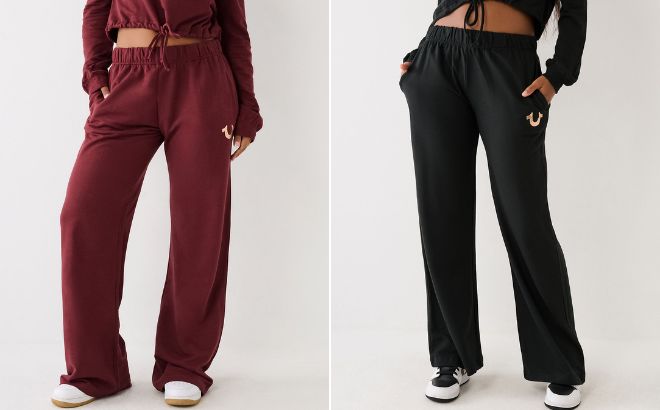Women are Wearing True Religion Wide Leg Lounge Pant in Black and Burgundy Color