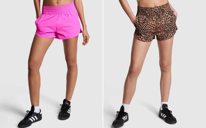Women are Wearing Victorias Secret Pink 3 Inch Active Shorts in Pink Berry and Leopard Color