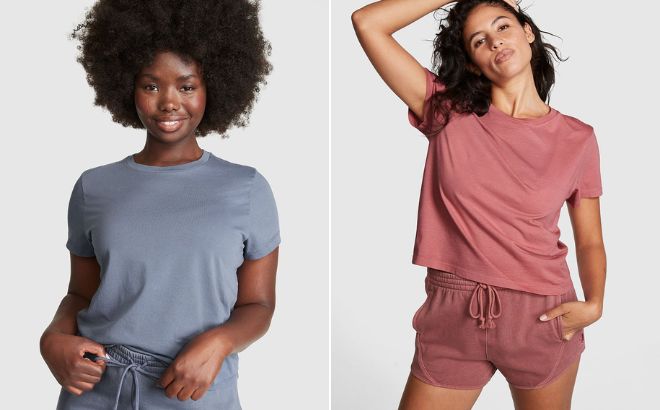 Women are Wearing Victorias Secret Pink Premium Cotton Short Sleeve T Shirt in Blue and Pink Color