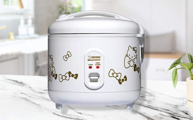 Zojirushi 5 5 Cup Hello Kitty Automatic Rice Cooker Warmer on a Kitchen Counter