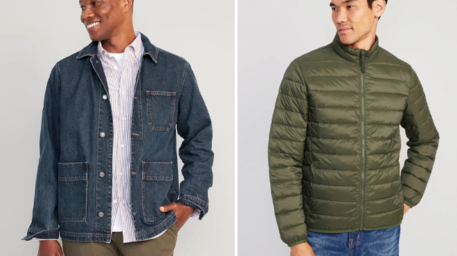 a Man Wearing Old Navy Jean Jacket on the Left a Man Wearing Old Navy Puffer Jacket on the Right