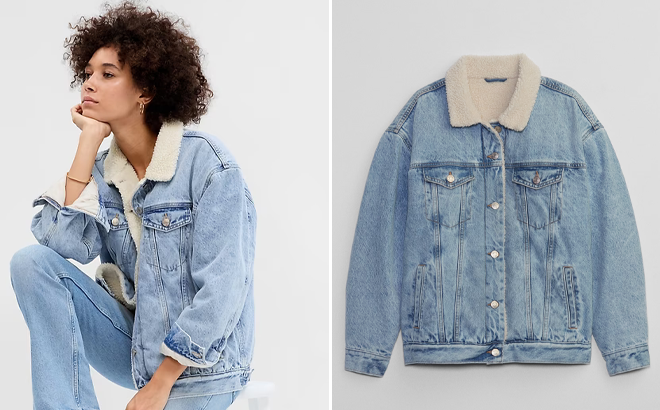 Girl Wearing Gap Oversized Sherpa Icon Denim Jacket 