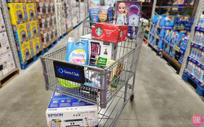 Sam's Club Shopping Cart Filled with Household Essentials at a Store Isle