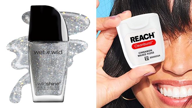 A Photo of Wet n Wild Wild Shine Nail Polish on the Left and Reach Waxed Dental Floss on the Right