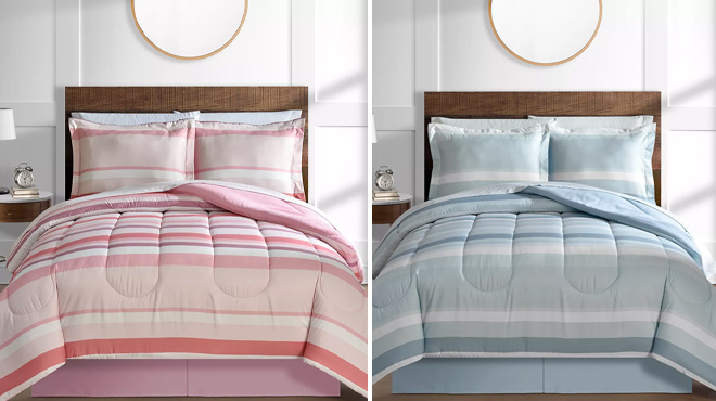 Two Photos of 8-Piece Comforter Sets on a Bed