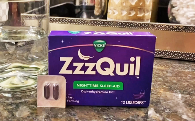 A Box of ZzzQuil Nighttime Sleep Aid 12 Liquicaps on a Table