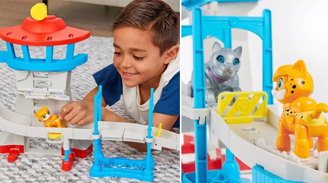 A Boy Playing with Paw Patrol Cat Pack Playset