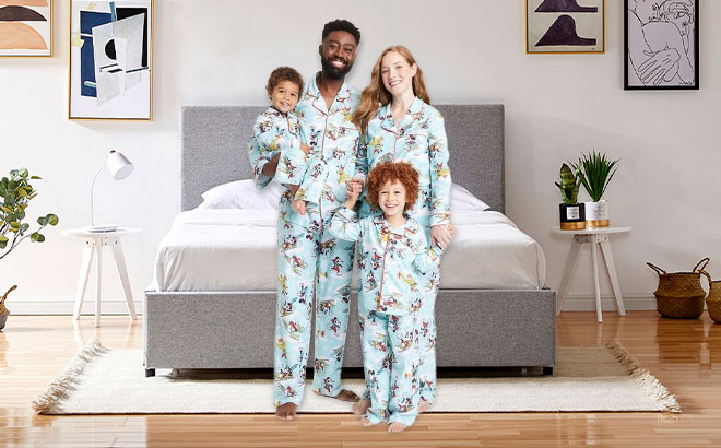 A Family Wearing a Disney Matching Family Pajama