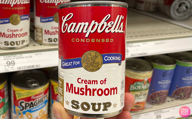 A Hand Holding Campbells Condensed Cream of Mushroom Soup