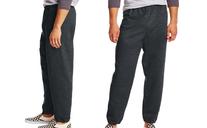 A Model Wearing a Color Charcoal Heather Hanes Mens Sweatpants