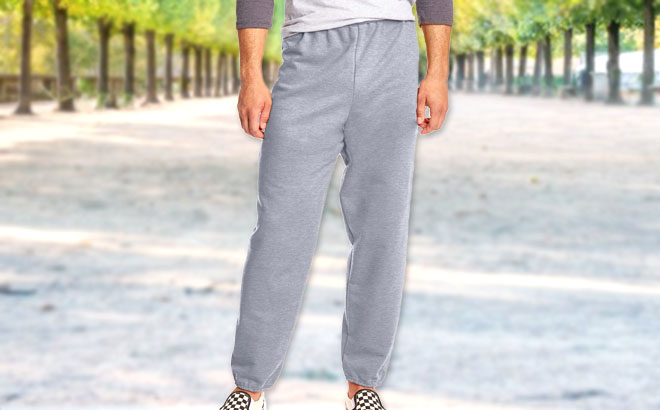 A Model Wearing a Color Light Steel Hanes Mens Sweatpants