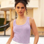 A Person Wearing Womens Summer Scoop Ribbed Tank Top in Taro Color