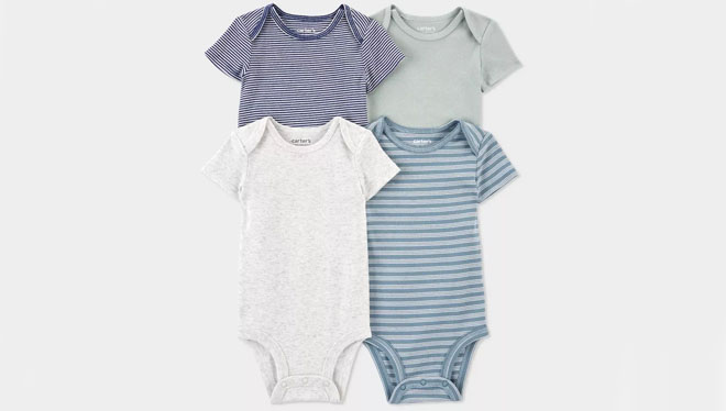 A Various Colors of Carters Baby Bodysuits 4 Pack on a Gray Background