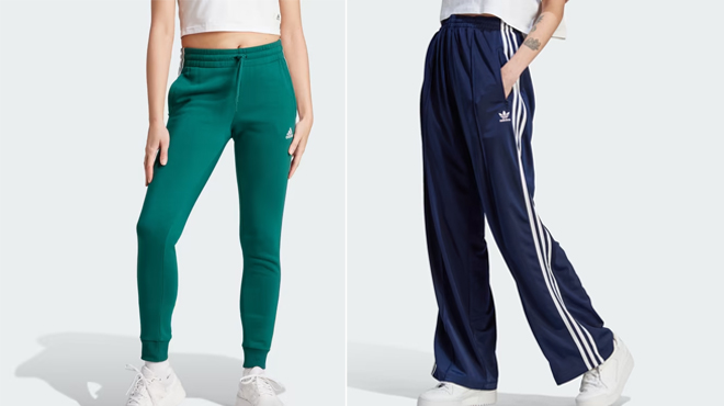 Adidas 3 Stripes Fleece Pants on the left and Adidas Firebird Loose Track Pants on the right