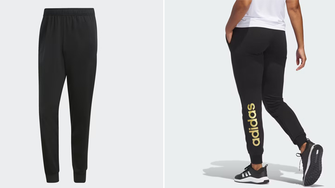 Adidas 3 Stripes Track Pants on the left and Adidas French Terry Logo Pants on the right