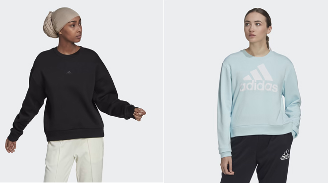 Adidas All Szn Fleece Sweatshirt on the left and Adidas Womens Loose Sweatshirt on the right