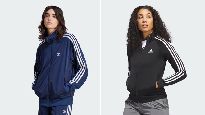 Adidas Firebird Loose Track Top on the left and Adidas Slim 3 Stripes Track Jacket on the right