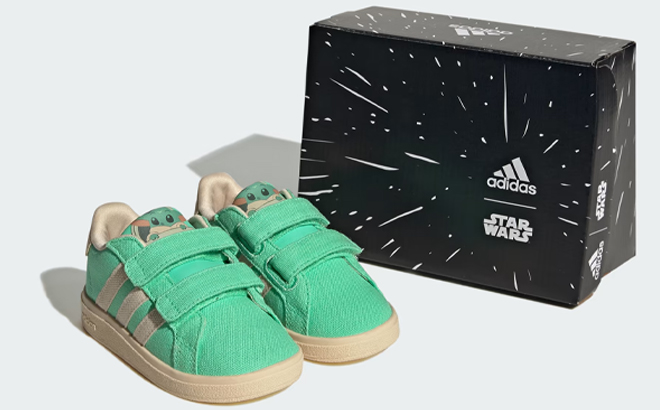 Adidas Kids Grand Court Grogu Cloadfoam Sneakers Next To a Shoebox