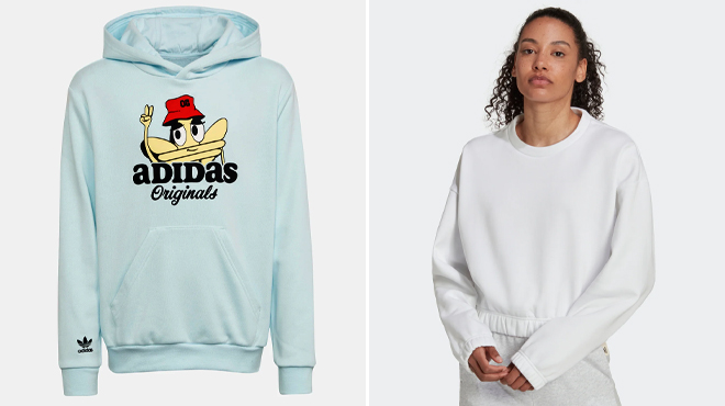 Adidas Kids Originals Trefoil Hoodie and Adidas Womens Studio Lounge Loose Fit Sweatshirt