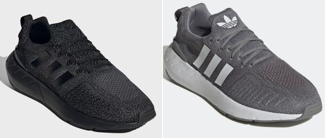 Adidas Mens Swift Run 22 Running Shoes in Core Black Dark Gray Color on the Left Side and in White Heather Gray Color on the Right Side