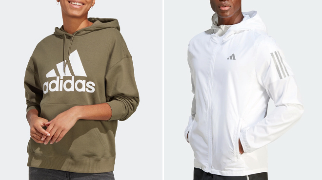 Adidas Womens Essentials Big Logo Oversized French Terry Hoodie and Adidas Mens Own The Run Jacket