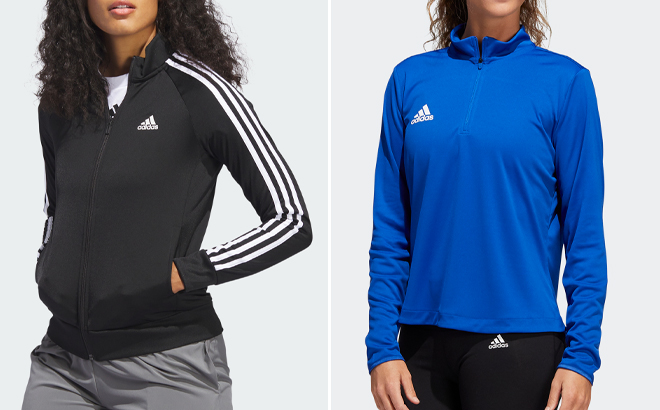 Adidas Womens Essentials Slim 3 Stripes Track Jacket and Under the Lights Quarter Zip Sweatshirt